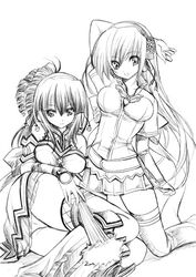  2girls beatmania_iidx breasts dress full_body greyscale hair_ribbon hairband kneeling large_breasts long_hair looking_at_viewer monochrome multiple_girls ribbon simple_background thighhighs thighs umegiri_hifumi umegiri_iroha very_long_hair white_background yukiwo zettai_ryouiki 