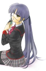  bad_id bad_pixiv_id bow eyepatch female koshiki_miyuki little_busters! little_busters!_school_uniform long_hair pantyhose pink_bow plaid purple_hair school_uniform skirt solo touichi yellow_eyes 