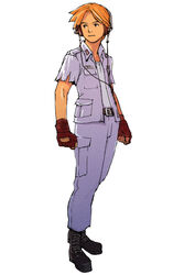  1boy advance_wars advance_wars:_dual_strike belt black_eyes blonde_hair clenched_hands fingerless_gloves gloves headphones highres hirata_ryou jake_(advance_wars) male_focus military military_uniform official_art open_clothes open_shirt photoshop_(medium) shirt simple_background smile solo standing torn_clothes uniform 