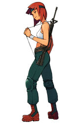  advance_wars advance_wars:_dual_strike assault_rifle bob_cut boots colt_commando crop_top female flat_chest full_body gun highres hirata_ryou knee_pads midriff military military_uniform official_art orange_hair pants photoshop_(medium) rifle sami_(advance_wars) short_hair simple_background smile solo sports_bra standing uniform weapon wristband 