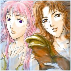  2girls airi_(hokuto_no_ken) arm_grab artist_request back-to-back breasts brown_eyes brown_hair cleavage collarbone hands hokuto_no_ken lips lipstick long_hair looking_at_viewer lowres makeup mamiya_(hokuto_no_ken) medium_breasts multiple_girls pink_hair purple_eyes sketch smile upper_body wavy_hair 