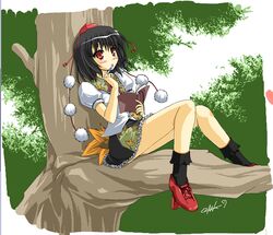  ayuhara_hiiro blush expressionless female geta hat in_tree looking_up shameimaru_aya sitting sitting_in_tree solo tengu-geta touhou tree 