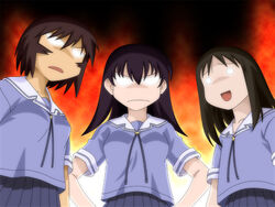  3girls angry artist_request azumanga_daioh&#039;s_school_uniform azumanga_daiou black_hair blue_serafuku blue_shirt bonklers brown_hair collarbone kagura_(azumanga_daioh) kasuga_ayumu multiple_girls school_uniform serafuku shirt summer_uniform takino_tomo tan you_gonna_get_raped 