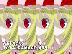  4girls bad_id bad_pixiv_id blonde_hair clone cut-in disgaea disgaea_team_attack flandre_scarlet four_of_a_kind_(touhou) gameplay_mechanics hat ke-su mob_cap multiple_girls parody red_eyes side_ponytail slit_pupils smile touhou 