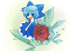  :d blue_dress blue_eyes blue_hair bow cirno commentary_request crystal dress female flower hairbow hisashi_shin ice oerba_yun_fang open_mouth partial_commentary photoshop_(medium) puffy_short_sleeves puffy_sleeves red_flower red_rose ribbon rose short_hair short_sleeves smile solo touhou wings 