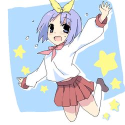  blue_eyes female hamamo hiiragi_tsukasa jumping long_sleeves lowres lucky_star neckerchief oekaki open_mouth pink_neckerchief purple_hair ryouou_school_uniform sailor_collar school_uniform serafuku short_hair skirt solo star_(symbol) 