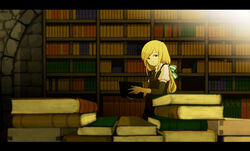  bad_id bad_pixiv_id blonde_hair book book_stack bookshelf female letterboxed library long_hair name_(sh) original ponytail ribbon solo stone_wall wall 