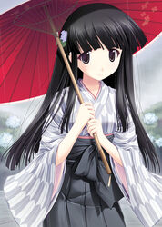  black_eyes black_hair black_hakama female flower grey_hakama hair_flower hair_ornament hakama hakama_skirt hydrangea japanese_clothes kimono long_hair meiji_schoolgirl_uniform oil-paper_umbrella original photoshop_(medium) rain skirt solo umbrella wide_sleeves yagasuri yamabuki_zarame 