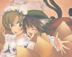  2girls aikura_chihiro animal_ears animal_hat blonde_hair brown_hair cat_ears cat_tail chen china_dress chinese_clothes commentary_request dress earrings fingernails fox_tail hands_in_opposite_sleeves hat jewelry long_fingernails long_sleeves mob_cap multiple_girls multiple_tails oerba_yun_fang photoshop_(medium) short_hair tail tassel touhou yakumo_ran yellow_eyes 