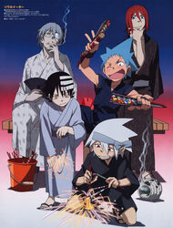  5boys ;d absurdres age_difference alternate_costume black_hair black_star blue_eyes blue_hair bucket cigarette death_the_kid fireworks folding_fan food franken_stein_(soul_eater) fruit glasses gradient_background green_eyes grey_hair grin hair_between_eyes hand_fan hand_on_own_chin happy headband highres holding incense japanese_clothes kayari_buta kimono kneeling light_smile looking_down male_focus mosquito_coil multicolored_hair multiple_boys object_through_head official_art oguri_hiroko one_eye_closed opaque_glasses open_mouth photoshop_(medium) red_eyes red_hair sandals sash scan screw_in_head senkou_hanabi shadow short_hair sitting smile smoke smoking soul_eater soul_evans sparkler spiked_hair spirit_albarn standing stitches streaked_hair stroking_own_chin two-tone_hair v veranda watermelon white_hair wristband yellow_eyes yukata 