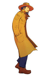  1boy advance_wars advance_wars:_dual_strike black_eyes blue_hair coat facial_hair full_body goatee grit_(advance_wars) hand_in_pocket hat highres hirata_ryou male_focus military military_uniform official_art open_mouth photoshop_(medium) shoes sideburns simple_background solo spiked_hair standing trench_coat uniform 