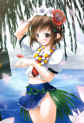  bag blush brown_eyes brown_hair clover_hair_ornament female flower grass_skirt hair_flower hair_ornament hairpin hibiscus highres jewelry kazami_haruki looking_at_viewer megami_magazine megami_magazine_creators necklace necktie ocean panties petals photoshop_(medium) scan school_bag school_uniform serafuku short_hair skirt solo underwear water 