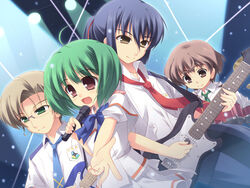  3boys band female guitar instrument luca_angeloni macross macross_frontier mihoshi_academy_school_uniform mikhail_buran moriguchi_yuu multiple_boys music open_mouth ranka_lee saint_mary&#039;s_academy_school_uniform saotome_alto school_uniform short_hair singing smile 