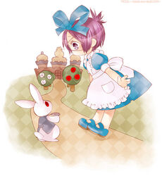  alice_(alice_in_wonderland) alice_(alice_in_wonderland)_(cosplay) alice_in_wonderland apron argyle bow castle chibi chrome_dokuro cosplay dress eyepatch female flower hair_ribbon katekyo_hitman_reborn! mary_janes pendant_watch purple_hair rabbit ribbon rose shoes short_hair toriniku_(suikyou) tree watch watermark white_rabbit_(alice_in_wonderland) 