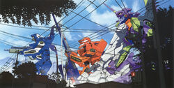  absurdres beam_cannon blue_sky cable cannon city cityscape clenched_hand cloud cloudy_sky day energy_cannon energy_gun eva_00 eva_01 eva_02 evangelion_(mecha) gun highres holding holding_cannon holding_gun holding_weapon horns house mecha mecha_focus military neon_genesis_evangelion nerv no_humans one-eyed outdoors pallet_rifle_(evangelion) pedestrian_lights photoshop_(medium) positron_cannon power_lines red_eyes rifle robot science_fiction single_horn sky smoke sniper_rifle source_request standing tree utility_pole weapon yellow_eyes yoshinari_you 