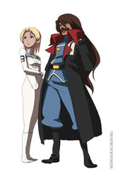  1boy bad_id bad_pixiv_id blonde_hair blue_eyes bodysuit brown_eyes brown_hair coat electra_(nadia) facial_hair female fushigi_no_umi_no_nadia long_hair military military_uniform moustache nemo_(nadia) no_headwear photoshop_(medium) plugsuit short_hair trench_coat uniform very_long_hair yupii 