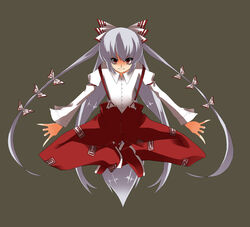  female fujiwara_no_mokou grey_hair hair_ribbon indian_style long_hair noi_(noi_2y) red_eyes ribbon simple_background sitting solo suspenders symmetry touhou very_long_hair 