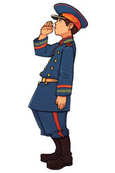  1boy advance_wars advance_wars:_dual_strike belt black_eyes boots brown_hair buttons colin_(advance_wars) frown full_body hat highres hirata_ryou male_focus military military_uniform official_art peaked_cap photoshop_(medium) profile salute simple_background solo standing uniform 