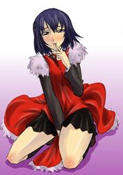  blue_hair blush female kneeling legs morimoto_kanaru persona persona_trinity_soul robe segami_daisuke short_hair skirt solo 