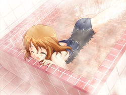  ass bathtub blush brown_hair closed_eyes dutch_angle female fujiwara_warawara game_cg happy itou_wakaba one-piece_swimsuit school_swimsuit smile solo splashing steam swimming swimsuit tile_floor tiles water yunohana 