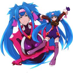  aguhari bad_id bad_pixiv_id blue_hair bodysuit boots female headband klan_klein long_hair macross macross_frontier multicolored_bodysuit multicolored_clothes pink_bodysuit pointy_ears purple_bodysuit purple_footwear smile thighhighs twintails 