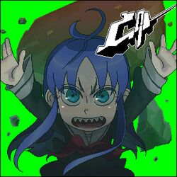  antenna_hair aqua_eyes blue_eyes blue_hair borrowed_character commentary female futaba_channel green_background hands_up hoshi_kubi kinshi-chan long_hair long_sleeves lowres oekaki open_mouth original psychic school_uniform sharp_teeth sidelocks solo teeth upper_teeth_only 