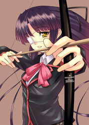  aiming arrow_(projectile) bad_id bad_pixiv_id black_hair bow bow_(weapon) drawing_bow eyepatch female furai hair_ribbon holding holding_arrow holding_bow_(weapon) holding_weapon koshiki_miyuki little_busters! outstretched_arm pink_bow purple_hair ribbon solo weapon yellow_eyes 