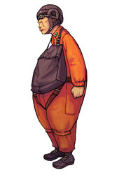  1boy advance_wars advance_wars:_dual_strike backpack bag bodysuit boots clenched_hand fat fat_man full_body goggles helmet highres hirata_ryou male_focus military military_uniform official_art photoshop_(medium) profile sensei_(advance_wars) simple_background solo standing uniform 