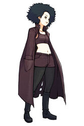  :d advance_wars advance_wars:_dual_strike afro black_eyes black_hair boots breasts coat crop_top female full_body hand_in_pocket highres hirata_ryou knee_boots lash_(advance_wars) lips midriff military military_uniform navel official_art open_clothes open_mouth pantyhose pantyhose_under_shorts photoshop_(medium) short_hair short_shorts shorts simple_background small_breasts smile solo standing tank_top trench_coat uniform 