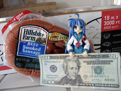  ahoge andrew_jackson armband banknote blue_sailor_collar blue_skirt cosplay dollar_bill female figma figure food hirano_aya izumi_konata kita_high_school_uniform long_sleeves lucky_star mondegreen money open_mouth photo_(medium) safety_pin sailor_collar sausage school_uniform skirt suzumiya_haruhi suzumiya_haruhi_(cosplay) suzumiya_haruhi_no_yuuutsu voice_actor_connection winter_uniform 