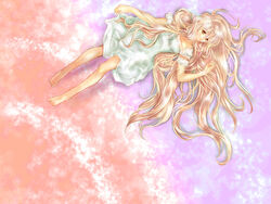  barefoot blonde_hair brown_eyes chii chobits commentary_request female long_hair lying solo yasuhito_(yasu_no_e) 