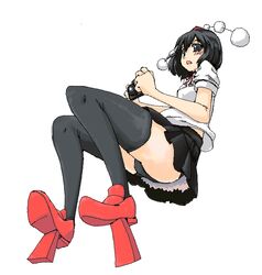  black_hair blush camera commentary_request female geta hat looking_at_viewer oekaki open_mouth panties shameimaru_aya short_hair skirt solo surprised tengu-geta thighhighs touhou tsukino underwear 