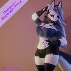  1:1 2025 3d_(artwork) absolute_territory anthro artist_name black_bottomwear black_clothing black_eyelids black_legwear black_shorts black_thigh_highs bottomwear breasts canid canid_demon canine clothed clothed_anthro clothed_female clothing collar crop_top demon digital_media_(artwork) ear_piercing english_text female fingerless_gloves fur gloves grey_body grey_fur handwear hellaverse hellhound helluva_boss hotpants legwear looking_at_viewer loona_(helluva_boss) lpyro9 mammal midriff mythological_canine mythological_creature mythology piercing portrait pose pupils red_sclera shirt shorts slit_pupils solo spiked_collar spikes standing text thank_you_message thigh_highs three-quarter_portrait topwear white_body white_eyes white_fur 