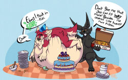  2022 anthro anubian_jackal awoogasm belly big_belly birthday birthday_cake bowl box cake canid canine canis chopsticks claws clenched_teeth clothing container dessert dialogue duo ebony_(awoogasm) english_text eye_contact fangs food fur half-closed_eyes hat headgear headwear holding_box holding_container holding_object holding_pizza_box huge_belly immobile inner_ear_fluff jackal looking_at_another male mammal morbidly_obese morbidly_obese_anthro morbidly_obese_male mostly_nude mostly_nude_anthro mostly_nude_male narrowed_eyes nude nude_anthro nude_male obese obese_anthro obese_male overweight overweight_anthro overweight_male party_hat party_hat_only paws pizza pizza_box plate signature speech_bubble tail teeth text tuft vox_(awoogasm) wolf 