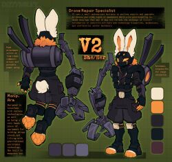  absurd_res anthro armor clothing cybernetics cyborg digital_media_(artwork) dizzymilky english_text female front_view fur hi_res lagomorph leporid machine mammal metal model_sheet paw_shoes paws rabbit robotic_arm solo text white_body white_fur 
