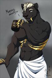  anthro beverage black_body black_fur blonde_hair claws coffee coffee_cup coffee_mug container cup dark_body dark_fur drinking fangs felid feline fur gold_(metal) hair half-length_portrait hi_res jaggal looking_at_viewer male mammal mane markings_on_body masculine morning mug muscular muscular_anthro muscular_arms muscular_male pantherine pecs portrait prehistoric_species relaxing saber-toothed_tiger shirtless shirtless_anthro shirtless_male sleeping solo teeth tiger towel towel_only whiskey_(formalinov) yellow_body yellow_fur 