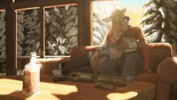  16:9 absurd_res anthro antlers bottle container deer duo female female_human furniture hi_res horn hug hugging_another hugging_from_behind human human_on_anthro inside interspecies jayk_and light male male/female male_anthro mammal on_lap on_sofa plant snow sofa sunlight tree widescreen window 