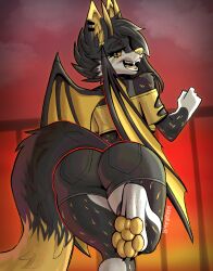  absurd_res anthro black_body black_bottomwear black_clothing black_fur black_hair black_shorts bottomwear canid canine clothing dipstick_ears dipstick_tail dragon ear_markings ear_piercing female fox fur hair hi_res highlights_(coloring) hybrid looking_at_viewer mammal markings membrane_(anatomy) membranous_wings multicolored_ears mythological_creature mythological_scalie mythology open_mouth pawpads paws piercing raised_arm rakurawr scalie shorts smile smiling_at_viewer solo spots tail tail_markings tongue topwear turned_away white_body white_fur white_highlights wings yellow_(fodax) yellow_body yellow_clothing yellow_ear_tips yellow_eyes yellow_fur yellow_nose yellow_pawpads yellow_spots yellow_tail_tip yellow_tongue yellow_topwear 