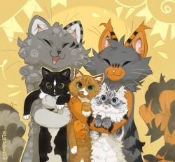  2026 ambiguous_feral ambiguous_gender black_body black_fur blue_eyes closed_eyes digital_media_(artwork) domestic_cat domestic_pet fangs felid feline felis feral fluffy fur furries_with_pets graypillow green_eyes grey_body grey_fur group happy head_tuft hug inner_ear_fluff mammal markings multicolored_body multicolored_fur open_mouth open_smile orange_body orange_fur paws pink_nose simple_background size_difference smile striped_body striped_fur stripes tail teeth tuft whiskers white_body white_fur 