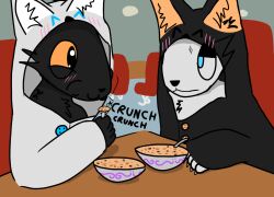  ambiguous_gender annoyed anthro black_body black_fur bowl button_(fastener) canid casualties:_unknown clothing container cutlery duo eating eating_food expie_(gunsawian) food fur furniture gunsawian happy inside kitchen_utensils mammal milky_(gunsawian) onesie pointy_ears raindropthefurry restaurant sitting spoon table tools white_body white_fur 
