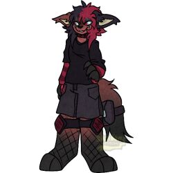  1:1 absurd_res accessory alpha_channel andromorph anthro bag black_body black_clothing black_fur black_shirt black_topwear bottomwear canid canine canis clothing collar fishnet_clothing fishnet_legwear fur furgonomics hair hi_res intersex knee_pads legwear long_sleeves mammal mathias_(huf13) red_body red_fur red_hair shirt shorts skull_bunz_official solo spiked_collar spikes tail tail_accessory tail_bag topwear wolf 