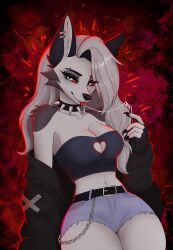  accessory anthro arm_tuft banzai.puppy bare_shoulders belt black_ears bodily_fluids bottomwear breasts candy canid canid_demon canine chains cheek_tuft cleavage_cutout clothed clothing collar crop_top cutout daisy_dukes demon denim denim_bottomwear denim_clothing denim_shorts dessert dripping ear_piercing eyebrow_piercing facial_piercing facial_tuft female food fur grey_body grey_fur hair heart_cutout hellaverse hellhound helluva_boss hi_res hotpants jacket legs_together lollipop loona_(helluva_boss) mammal midriff mythological_canine mythological_creature mythology navel notched_ear off_shoulder open_clothing open_jacket open_topwear piercing red_background saliva saliva_drip saliva_string seductive shirt shorts shoulder_tuft simple_background smile solo spiked_collar spikes strapless_clothing strapless_topwear tongue tongue_out topwear tube_top tuft white_body white_fur 
