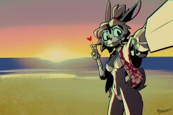  2026 3:2 4_fingers absurd_res accessory aloha_shirt anthro beach bikini biped black_body black_fur black_hair black_nose blue_eyes breasts clothed clothed_anthro clothed_female clothing cybernetic_arm cybernetic_face cybernetic_limb cybernetics cyborg domestic_cat felid feline felis female female_anthro fingers fur gatonejo gesture glowing glowing_eyes hair hair_accessory hair_tie hand_gesture heart_symbol hi_res hybrid lagomorph leporid looking_at_viewer machine mammal medium_breasts moloko_(gatonejo) navel pattern_clothing pattern_shirt pattern_topwear ponytail rabbit red_clothing red_hawaiian_shirt red_shirt red_topwear scut_tail sea selfie shirt short_hair short_tail signature sky solo standing sunset swimwear tail thick_thighs topwear two-piece_swimsuit v_sign water white_bikini white_clothing white_swimwear wide_hips 
