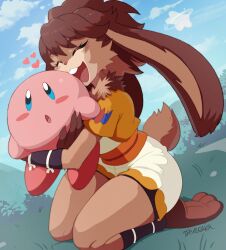  2026 absurd_res ambiguous_gender anthro blue_eyes brown_body brown_fur brown_hair buckteeth closed_eyes clothed clothing drawligator duo eyebrows eyelashes feet female fur hair hi_res hug kirby kirby_(series) kneeling lagomorph lepi leporid lop_(star_wars_visions) mammal neck_tuft nintendo open_mouth open_smile rabbit smile star_wars star_wars_visions tan_body tan_fur teeth tuft waddling_head 