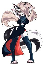  2024 absurd_res anthro artist_name black_ears black_tail blonde_hair blue_clothing blue_dress blue_legwear blue_stockings blue_thigh_highs breasts canid canid_demon canine cleavage clothed clothing crescent_moon demon digitigrade dress ear_piercing eyebrow_piercing eyelashes facial_piercing female frown fur hair hair_over_eye hands_behind_head hellaverse hellhound helluva_boss hi_res legwear long_hair loona_(helluva_boss) mammal moon mythological_canine mythological_creature mythology notched_ear piercing pupils red_sclera simple_background slit_pupils solo stockings tail teaofcolors text thigh_highs toeless_legwear toeless_stockings translucent translucent_clothing translucent_topwear twitter_handle two_tone_tail white_background white_body white_eyes white_fur white_tail 