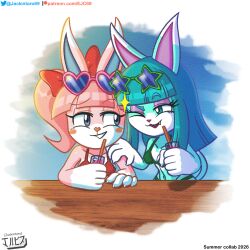  1:1 absurd_res anthro artist_collaboration beverage bikini blue_eyes bow_ribbon breasts clothed clothing digital_media_(artwork) domestic_cat duo english_text eyewear fan_character fangs felid feline felis female fur green_body green_eyes green_hair hair hi_res jackintaro juice lagomorph leporid long_hair mammal one_eye_closed open_mouth piercing pink_body pink_hair ponytail rabbit simple_background smile sunglasses swimwear tail teeth text tongue tongue_piercing two-piece_swimsuit url venus_(blazedscarf) wink 