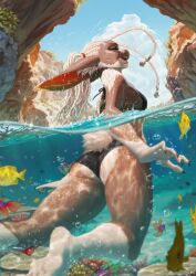  absurd_res ambient_fish ambient_sealife anthro beach bikini bubble clothed clothing day detailed_background dreadlocks female hare hareley hi_res lagomorph leporid mammal outside rabbit solo starlyve summer swimming swimwear two-piece_swimsuit water waterline_view 