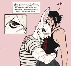  absurd_res anthro black_hair duo english_text eyewear female female_human glasses hair hi_res human human_on_anthro interspecies kevin_(toffee_32) lagomorph leporid light_body light_skin male male/female male_anthro mammal rabbit red_eyes scar text toffee_32 white_hair 