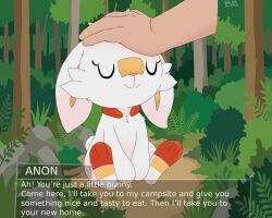  5:4 ambiguous_gender anthro digital_media_(artwork) duo english_text female fur gaku_gaku generation_8_pokemon hi_res human lagomorph mammal nintendo pokemon pokemon_(species) scorbunny smile teeth text visual_novel_interface white_body white_fur 