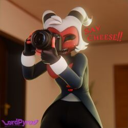  1:1 2025 3d_(artwork) artist_name black_bottomwear black_clothing black_eyelids black_pants black_suit_jacket blurred_background bottomwear bow_tie camera clothed clothed_male clothing demon detailed_background dialogue digital_media_(artwork) english_text fingerless_gloves gloves hair handwear hellaverse helluva_boss holding_camera holding_object horn humanoid imp inside lpyro9 male moxxie_(helluva_boss) narrowed_eyes olympus_corporation pants photographer portrait red_body red_bow_tie red_skin sharp_teeth shirt small_waist solo squint striped_horn stripes teeth text three-quarter_portrait topwear white_clothing white_hair white_shirt white_topwear 